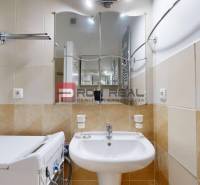 Bathroom in a studio apartment with a sink, mirror, washing machine, and ladder radiator.