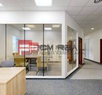 Offices with glass partitions, a wooden desk, and gray office chairs.