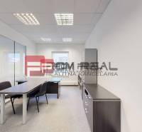 Offices with a desk, chairs, and shelves, suitable for a work environment.