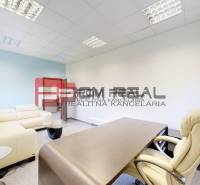 Offices with a beige sofa, wooden desk, and office chair.