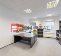 Offices with a desk and a shelving cabinet, light walls and a window with a view.