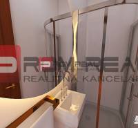 A bathroom in a 3-room apartment with a modern corner shower and a sink.