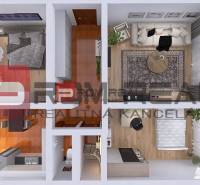 The floor plan of a 3-room apartment shows the layout of the rooms and furniture.