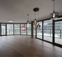 Interior of commercial spaces with large windows and modern lighting.