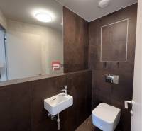 Bathroom commercial spaces with a sink, mirror, and toilet.
