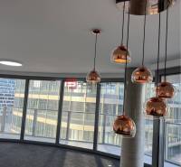 Commercial spaces with glass walls and pendant lights that create a pleasant atmosphere.