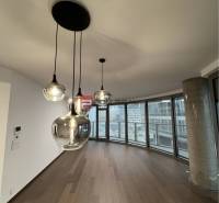 Pendant lights in commercial spaces with parquet flooring and large windows.