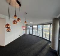 Commercial spaces with panoramic windows, dark carpet, and decorative lights.