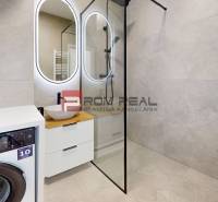 A bathroom in a 2-room apartment with a washing machine, shower, and mirror.