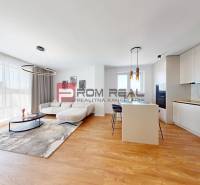 Living room with kitchen in a 2-room apartment, light sofa and dining island.