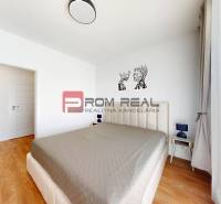 Bedroom in a 2-room apartment with a large bed, nightstands, and paintings on the wall.