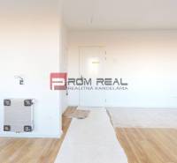 An empty room in a 2-room apartment, with laminate flooring on the ground, also showing the bathroom.