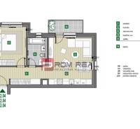 The floor plan shows a 2-room apartment with a kitchen, bedroom, bathroom, living room, and balcony on Limbašská cesta street.