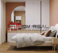 Bedroom with a bed, built-in wardrobe, and decorative wall, on Limbašská cesta street.