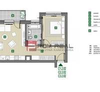 Floor plan of a 2-room apartment 49.71 m², consists of a kitchen, living room, bedroom, balcony.