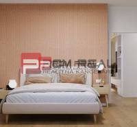 Bedroom with a double bed next to wooden flooring and beige wallpaper, 2-room apartment.