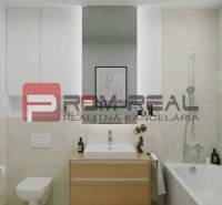 Bathroom on Limbašská cesta street, 2-room apartment, light tiles, wooden furniture, modern equipment.