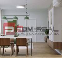 Interior of a 2-room apartment on Pezinok Street; kitchen, dining room, wooden elements, bright atmosphere.