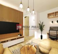 Living area in a studio apartment with a sofa, TV, desk, and wooden elements.