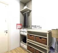 Hallway in a studio apartment with shelves, baskets, and a floor lamp.