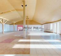 A spacious interior of a building with a wooden ceiling and light floor tiles.