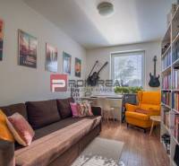 Living room in a family house with a sofa, shelves with books, and musical instruments.