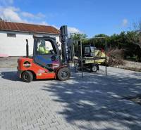 Forklift in the parking lot on Partizánska Street, near warehouses and halls.