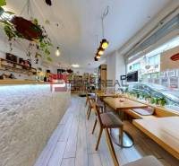 A café with wooden tables and a bar counter, commercial spaces with plants.