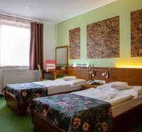 A hotel room with two beds, paintings of a lion, and wooden furniture.