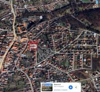 Aerial view of Bazová Street in Stupava, focused on residential plots.