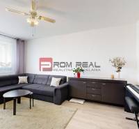 Living room in a three-room apartment with a dark sofa and a piano.