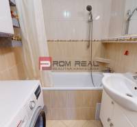 Bathroom with shower, washing machine, and sink in a 3-room apartment.