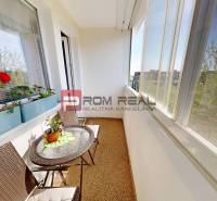 A glazed loggia with rattan furniture and flowers in a 3-room apartment.