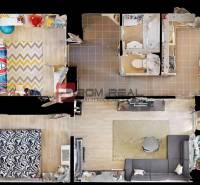 Floor plan of a 3-room apartment with furniture, kitchen, living room, and sanitary facilities.