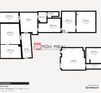 Floor plan of a family house with five bedrooms, a kitchen, a bathroom, and a garage.