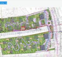 Street plan with gardens, houses, and parking, intended for construction purposes.