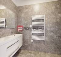 A bathroom in a 3-room apartment with a double sink and a ladder radiator.