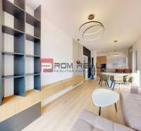 Living room in a family house with a large shelving wall and a comfortable sofa.
