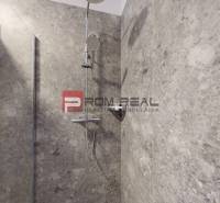 A shower enclosure in a family house with stone cladding.