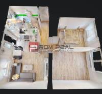 Floor plan of a 3-room apartment with a furnished living room, kitchen, and empty rooms.