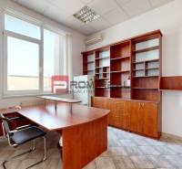 Bright office space with wooden furniture and a large window.