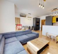 Living room of a three-room apartment with a blue sofa, wooden furniture, and a yellow armchair.