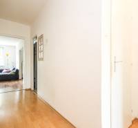 A hallway with a wooden floor leads to the living room in a 3-room apartment.