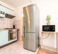 A kitchen in a 3-room apartment with a refrigerator, microwave, and stove, complemented by a plant.