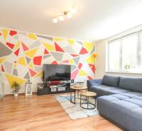Living room in a 3-room apartment with a colorful wall, a blue sofa, and bold decorations.