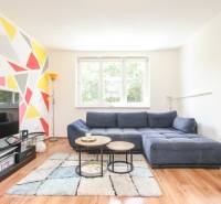 Living room with a blue sofa and geometric painting in a three-room apartment.