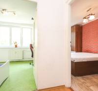 The hallway of a 3-room apartment with a view into two rooms, one with a brick wall.