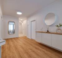 Entrance hall of a 3-room apartment with wooden flooring, a mirror, and a cabinet with decorations.
