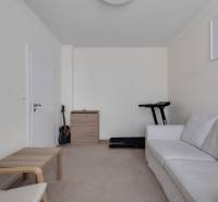 A room in a 3-room apartment with a white couch, a guitar, and a treadmill.