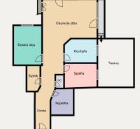 Floor plan of a 3-room apartment with a terrace and a balcony, includes a living room and a kitchen.